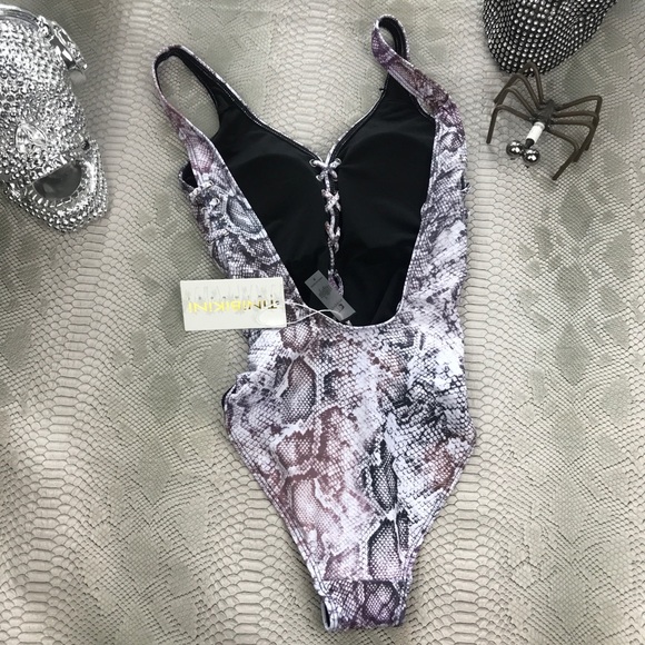 4FOR20 Beige pink snake skin tie up one piece bikini - Picture 4 of 8